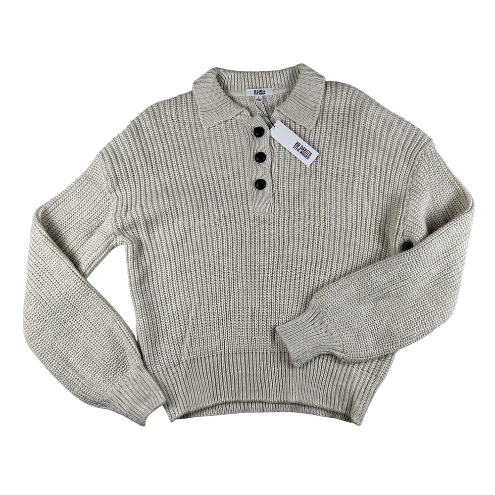 BB Dakota Steve Madden Sweater Womens Large Oatmeal Collared Henley Chunky Knit